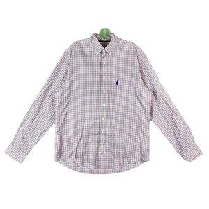 Johnnie-O Mens Medium Button Down Shirt Red Blue Plaid Check Egyptian Cotton